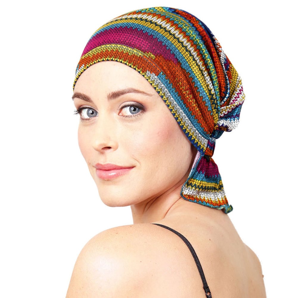 woman wearing chemo beanies headcover in christina style